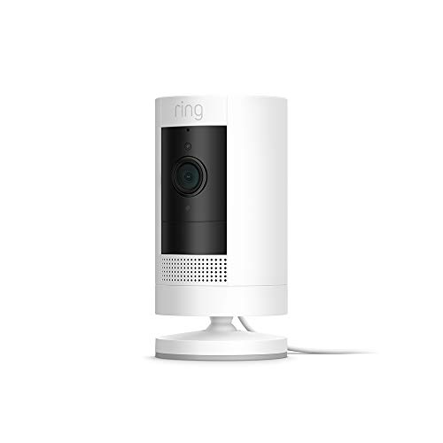 Ring Stick Up Cam Plug-In von Amazon, WLAN HD-Überwachungskamera Innen/Aussen mit Gegensprechfunktion, funktioniert mit Alexa| Mit 30-tägigem Testzeitraum für Ring Protect | Weiß