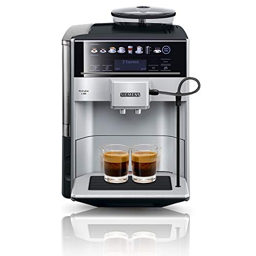 Siemens Kaffeevollautomat EQ.6 plus s300 TE653501DE, für viele Kaffeespezialitäten, Milch-Aufschäumdüse, Keramikmahlwerk, Doppeltassenfunktion, Antikalk, automatische Dampfreinigung, 1500 W, silber